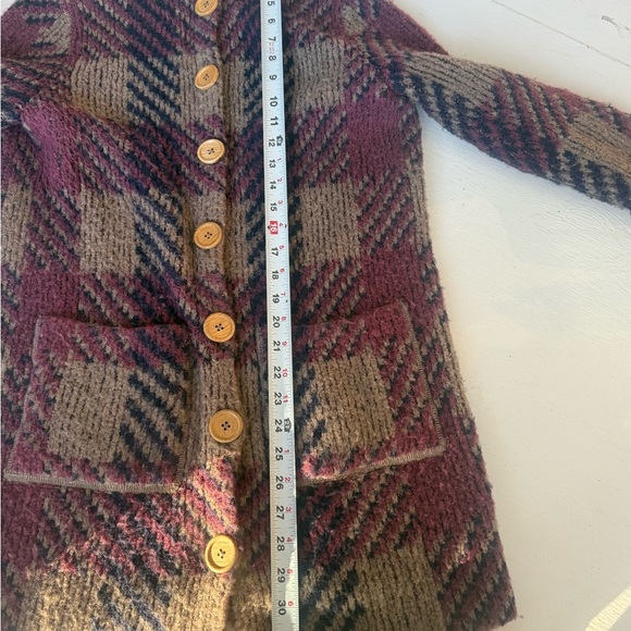 Free People Cottagecore Grandma Brown and Burgandy Plaid Wool Long Cardigan - Picture 4 of 9